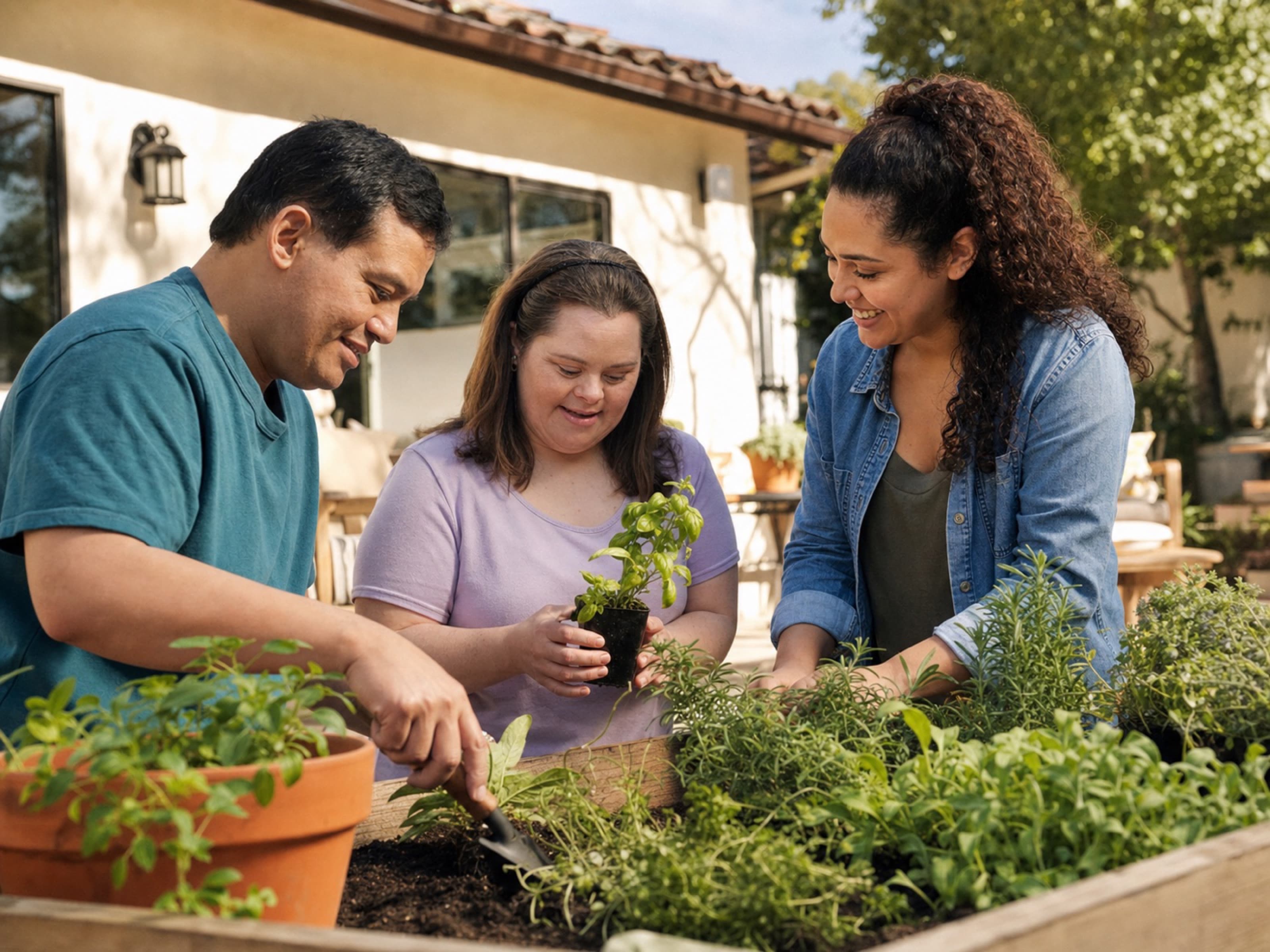 Residents and a support professional gardening together outdoors.