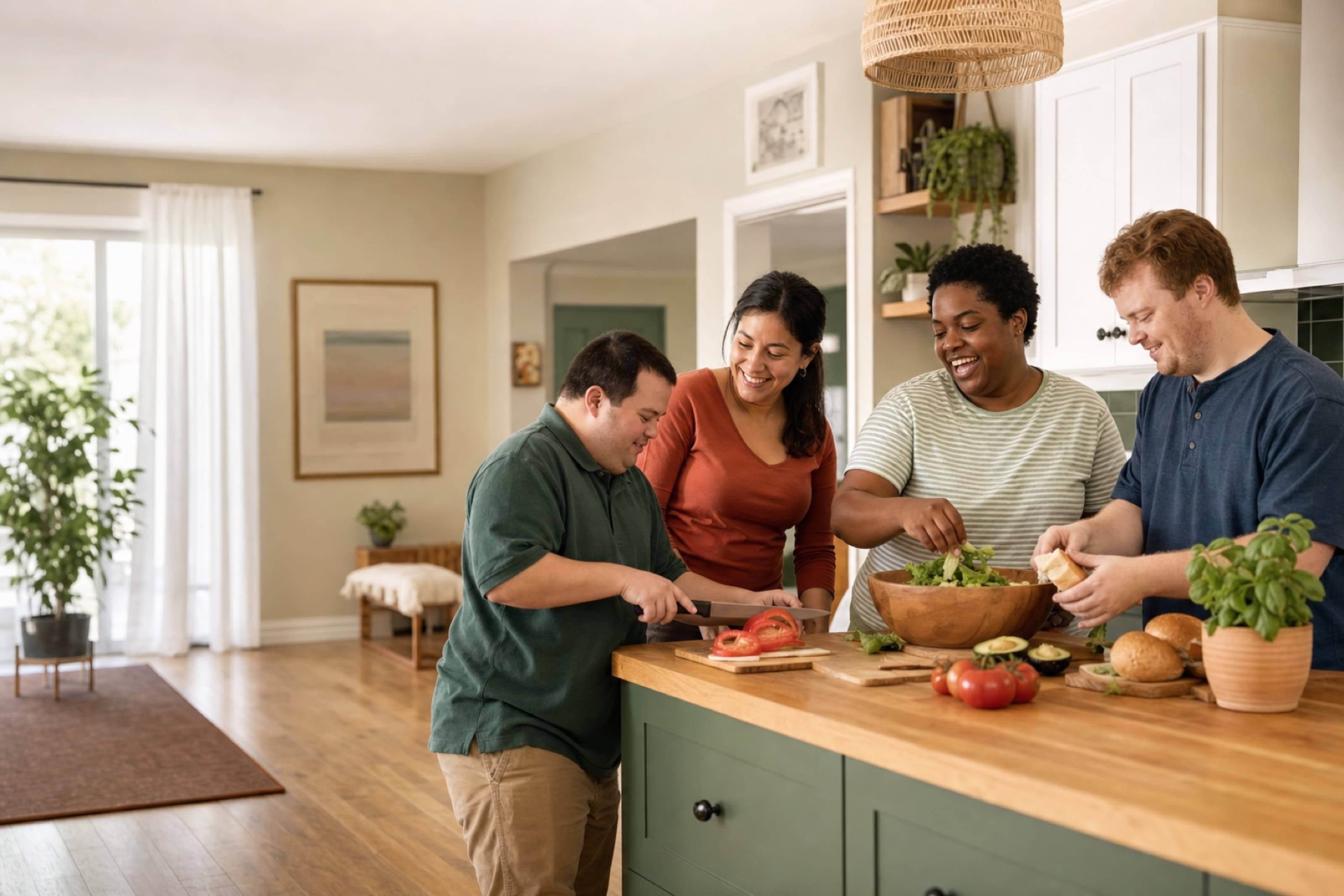 Residents and a support professional preparing a meal together in a warm home kitchen.